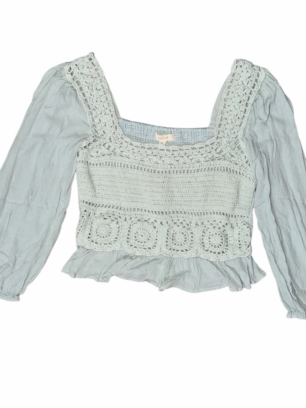SIM & SAM Crochet Peasant Blouse in Light Blue Sage Color - Picture 3 of 8